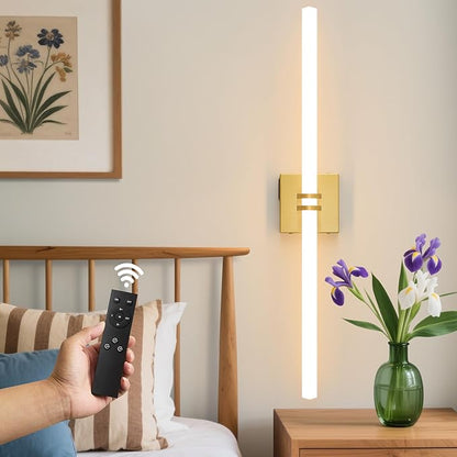 Battery Operated Wall Sconce 1Pack, Gold Rechargeable Wall Lights with Dimmable Remote Control, 30 Inch 3000K-6000K LED Wireless Wall Lamps for Bedroom, Hallway, Background Wall