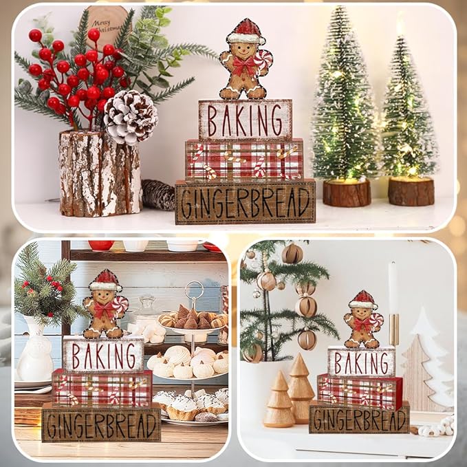 DIYDEC 4Pcs Christmas Table Decoration Gingerbread Man Wooden Block Sign Christmas Tiered Tray Decor Centerpiece Decorative Sign for Xmas Holiday Tabletop Coffee Fireplace Shelf Desk Party Decor