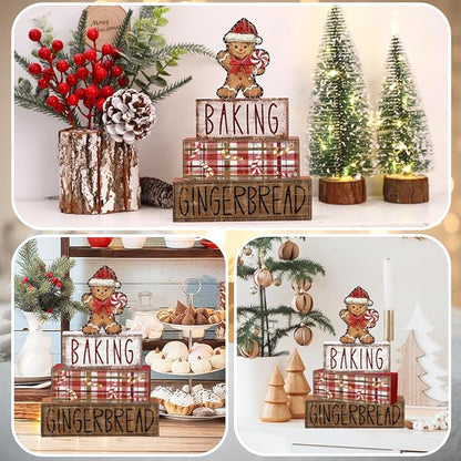DIYDEC 4Pcs Christmas Table Decoration Gingerbread Man Wooden Block Sign Christmas Tiered Tray Decor Centerpiece Decorative Sign for Xmas Holiday Tabletop Coffee Fireplace Shelf Desk Party Decor