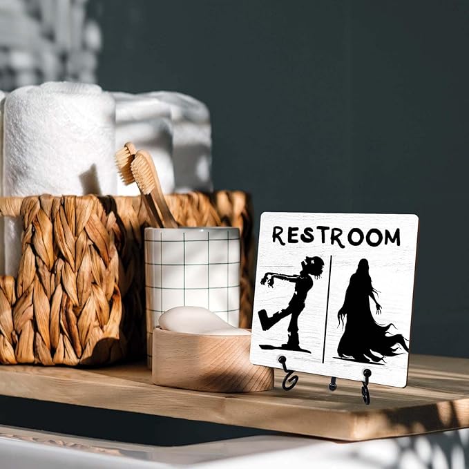 Halloween Bathroom Decor, Zombie Wooden Sign for Home Restroom Desk Shelf, Spooky Table Centerpieces for Washroom Accessories - A12