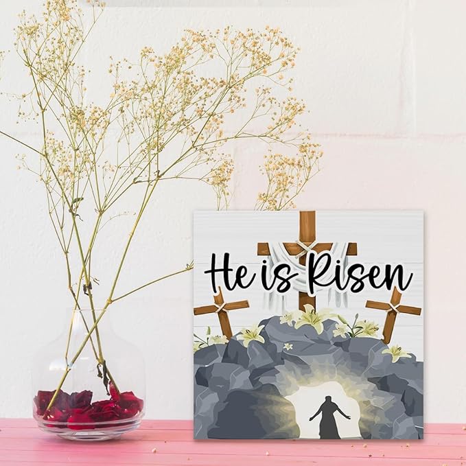 He Is Risen Easter Decor Indoor Religious Christian Easter Jesus Cross Decor Decorations Farmhouse Easter Sign for Home Room Badroom Bathroom Office Table Mantle Dessk Decor