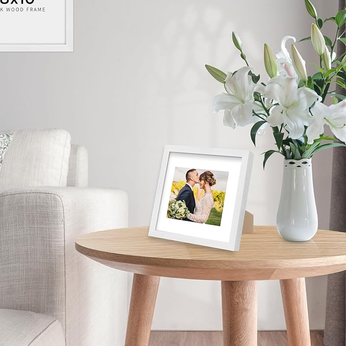 puthiac 8x8 Solid Oak Wood Picture Frame, Fits 4x4 with Mat or 8x8 Without Mat, Wall or Tabletop Display with Stand, Plexi Front, 1 Pack, White