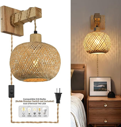 Bamboo Plug in Wall Sconces Set of Two, Hand Woven Boho Wall Lamp Plug in Cord Wall Sconces for Bedroom Living Room Farmhouse