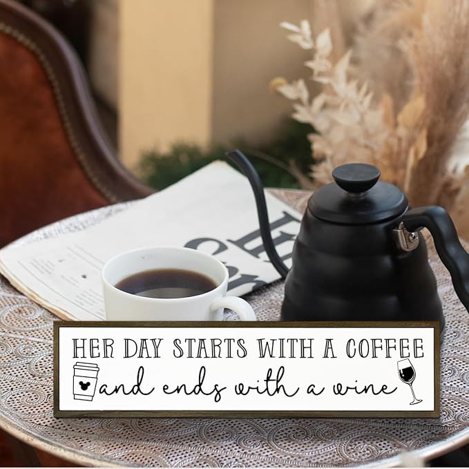 Coffee Wood Signs, Farmhouse Home Kitchen Decor, Rustic Coffees Bar Decors, Wall Decor Art, Her Day Starts with A Coffee & Ends with A Wine Sign, 17.8x4x1.2 inches