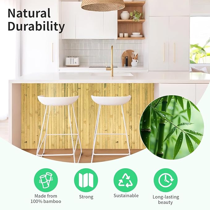 Natural Bamboo Wall Panel for Interior Wall Decor, Renewable Pole Wrap Wainscoting Paneling for Wall Ceiling Furniture Cabinet Office, 48 x 96 Inch, Natural