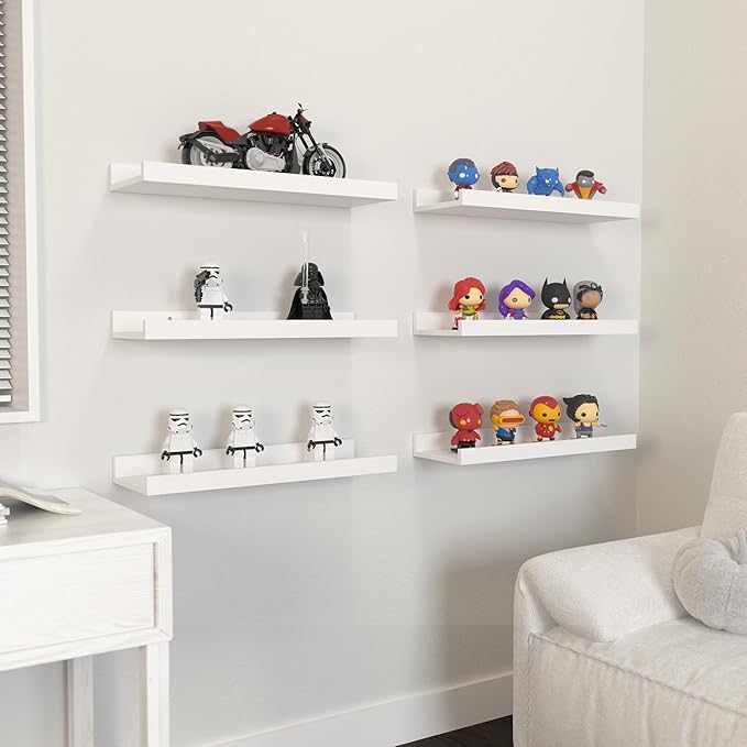 Floating Shelves Set of 6, White Wall Shelves with Lip, Display Shelves for Wall Decor, Modern Picture Ledge for Living Room, Bedroom, Nursery, Bathroom, Pictures, Books, Plants- White