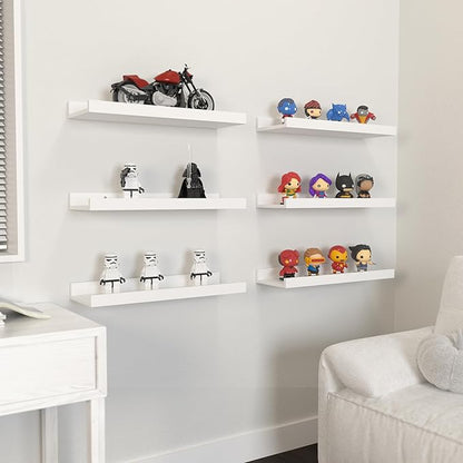 Floating Shelves Set of 6, White Wall Shelves with Lip, Display Shelves for Wall Decor, Modern Picture Ledge for Living Room, Bedroom, Nursery, Bathroom, Pictures, Books, Plants- White