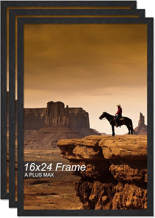 A PLUS MAX 16x24 Picture Frame Set of 3, Black Engineered Wood Frame for 16 x 24 Inch Picture Poster Photo, Light Weight 16 by 24 Frame with Wood-grain for Wall - 3 Pack/Black/16 x24