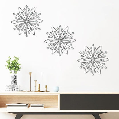 ZEXUIRU 3 Pack Black Sunburst Wall Decor – Metal Crystal Wall Art with Sparkling Rhinestones, 14’’/18 Inch Starburst Wall Hanging Set for Living Room Bedroom Bathroom – Modern Bling Home Decorations