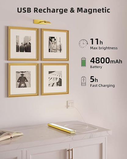 EZVALO Picture Light for Wall, 4800mAh Rechargeable Wireless Lights, 16'' Dimmable with IR Remote Magnetic LED Art Painting Light with 3 Color Temps, Display for Gallery, Living Room, Bedroom(Gold)
