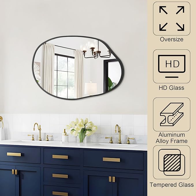 Black Irregular Wall Mirror Asymmetrical Bathroom Mirror Metal Framed Mirrors Decorative Bedroom Living Room Vanity Entryway 26''x18''