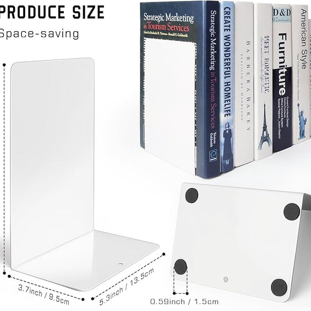 VONDERSO Metal Bookends White, 2 Pairs Metal Bookends Heavy Duty for Shelves Decor Home Office, Unique White Book Ends Supports Anti-Slip for Kids Girls
