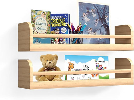 Floating Nursery Book Shelves, 16.5 inch Wall Book Shelves Kids Room, Set of 2 Baby Shelves for Nursery Décor, Ideal Wooden Nursery Shelves for Kids Room, Bedroom Bathroom and Kitchen (Natural Wood)
