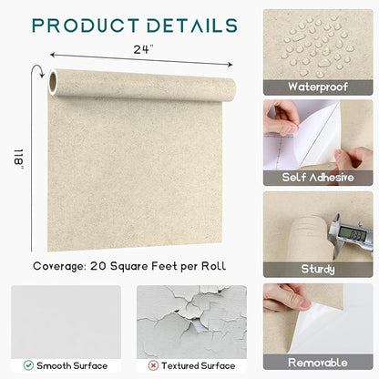 VEELIKE Limewash Wallpaper Textured Beige Concrete Wallpaper Peel and Stick for Bedroom Accent Walls 24''x118'' Self Adhesive Removable Sandstone Concrete Contact Paper for Countertops Walls Bathroom