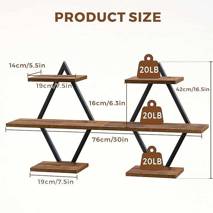 Floating Shelves, Wall Shelf Set of 2, Wall Mounted Shelves, 3-Tier Hanging Wall Shelves for Bathroom, Living Room, Bedroom, Kitchen, Office (Rustic Brown)