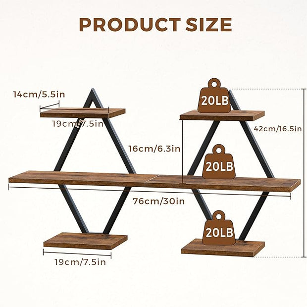 Floating Shelves, Wall Shelf Set of 2, Wall Mounted Shelves, 3-Tier Hanging Wall Shelves for Bathroom, Living Room, Bedroom, Kitchen, Office (Rustic Brown)