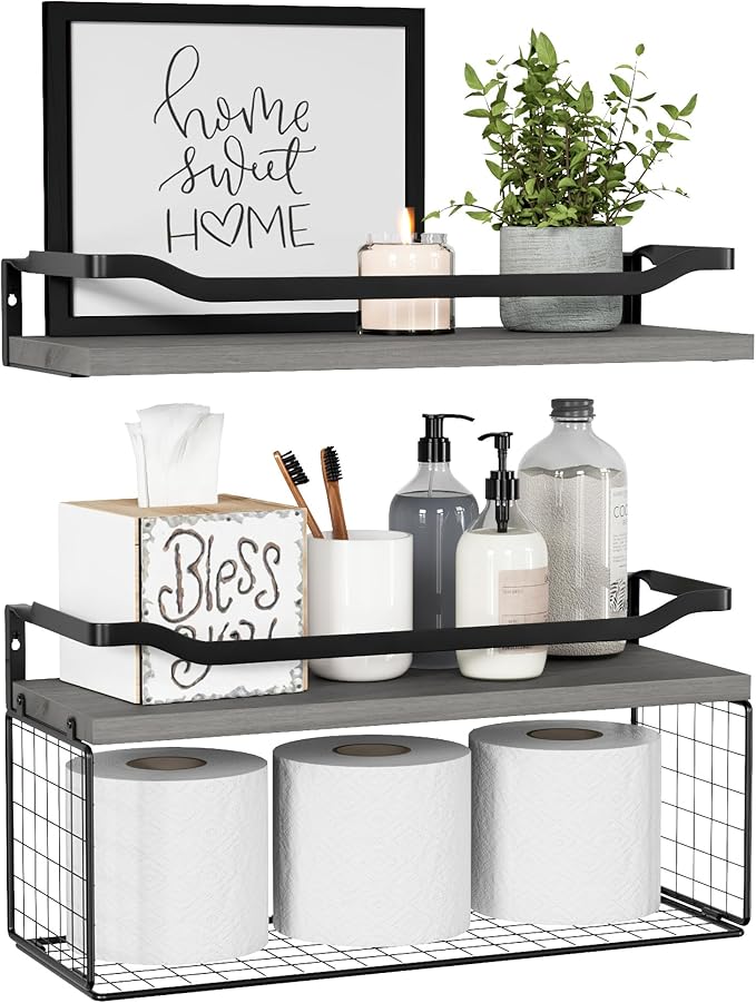 WOPITUES Floating Shelves with Wire Storage Basket, Bathroom Shelves Over Toilet with Protective Metal Guardrail, Wood Wall Shelves for Bathroom Organizers and Storage, Toilet Paper- Gray