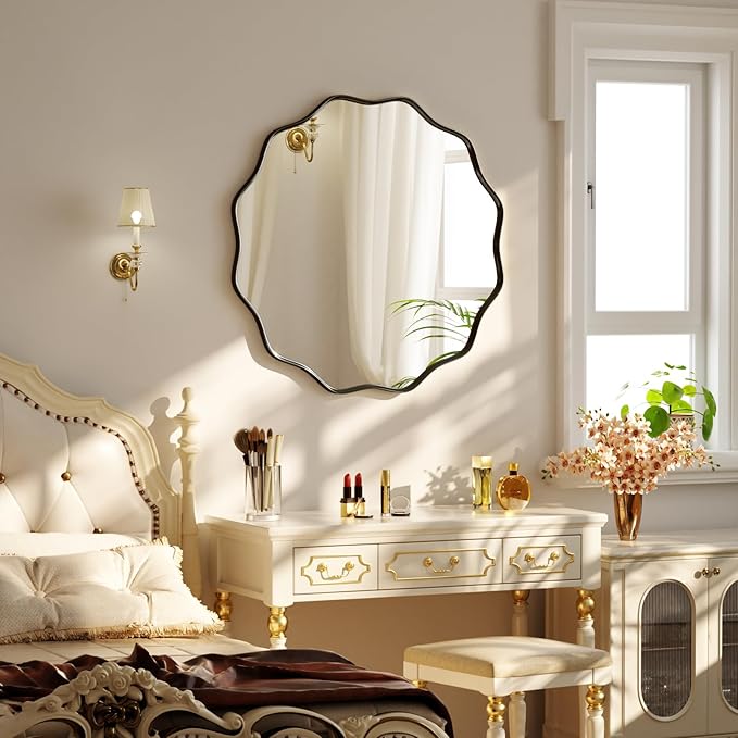 20 Inch Scalloped Round Wall Mirror, Black Wavy Edge Frame Circle Mirror for Bathroom, Bedroom, Entryway, Living Room for Wall Decor