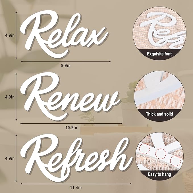 3 Pieces Bathroom Decor Wooden Bathroom Sign,Relax Renew Refresh Sign (White)