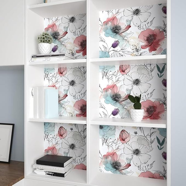 Floral Peel and Stick Wallpaper, Watercolor Flowers Contact Paper,Large Blooming Flower Botanical Wall Paper Self Adhesive Removable for Shelves Cabinet Table Decor 17.5" x 118"- White, Pink, Blue