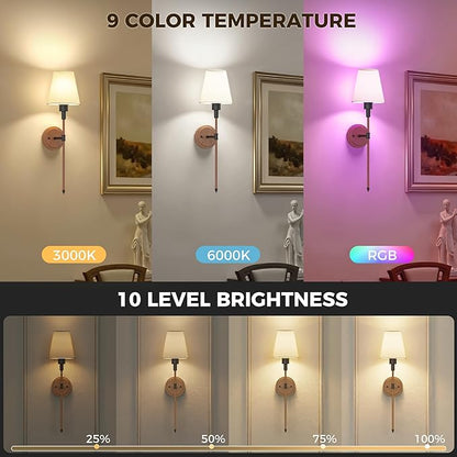 DORESshop Battery Operated Wall Sconce Set of 2, Wireless Wall Light Easy to Install, 7 Color Rechargeable Wall Sconces, Sconce Wall Decor Set of 2 for Bedroom, Living Room, Black and Wood, 24.6in