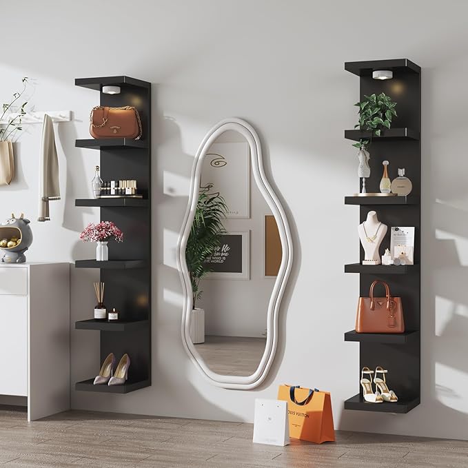 6-Tier Wall Shelf Unit with USB Rechargeable Led Light (Remote Controlled),Versatile Floating Display Shelves,Lack Style Wall Shelves for Bedroom,Living Room,Office Decor,Vanity-Black