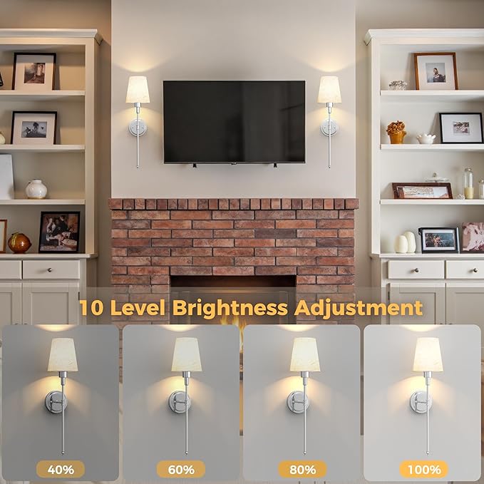 DORESshop Battery Operated Wall Sconce Set of 2, 7 Color Wireless Wall Light Easy to Install, Sconce Wall Decor Set of 2 for Bedroom, Living Room, Fabric Linen Shade, Chrome, 24.6in