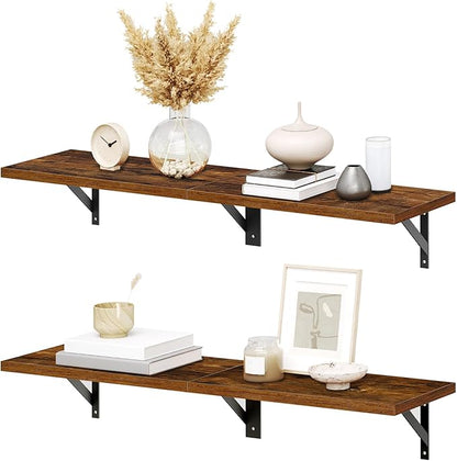 HOOBRO Floating Shelves, 30 Inch Wall Shelf Set of 2, Wall-Mounted Storage Shelves, Retro Hanging Shelf with Metal Frame, for Living Room, Bedroom, Bathroom, Kitchen, Rustic Brown and Black BF24BJ01