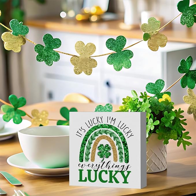 It's Lucky I'm Lucky Everything Lucky Funny St Patricks Day Shamrock Decor Desk Decor Wooden Box Sign St Patricks Day Decorations Irish Blessing Wood Block Plaque Box Sign for Home Decoration