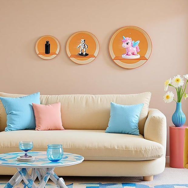 Floating Wall Shelves, Set of 3 Colorful Acrylic Shelves - Single Layer No Drill Adhesive Mount for Bedroom, Bathroom, Office - Small Decor Organizer for Funko Pop, Lego, Nail Polish