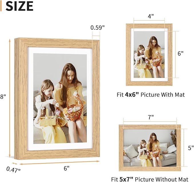 5x7 Picture Frame Set of 4, Displays 4x6 with Mat or 5x7 Without Mat, Photo Frames for Wall Hanging or Tabletop, Includes HD Plexiglass, Light Wood Grain