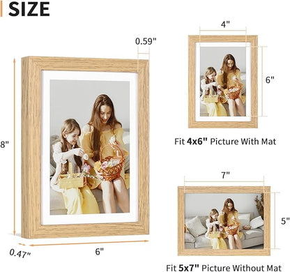 5x7 Picture Frame Set of 4, Displays 4x6 with Mat or 5x7 Without Mat, Photo Frames for Wall Hanging or Tabletop, Includes HD Plexiglass, Light Wood Grain
