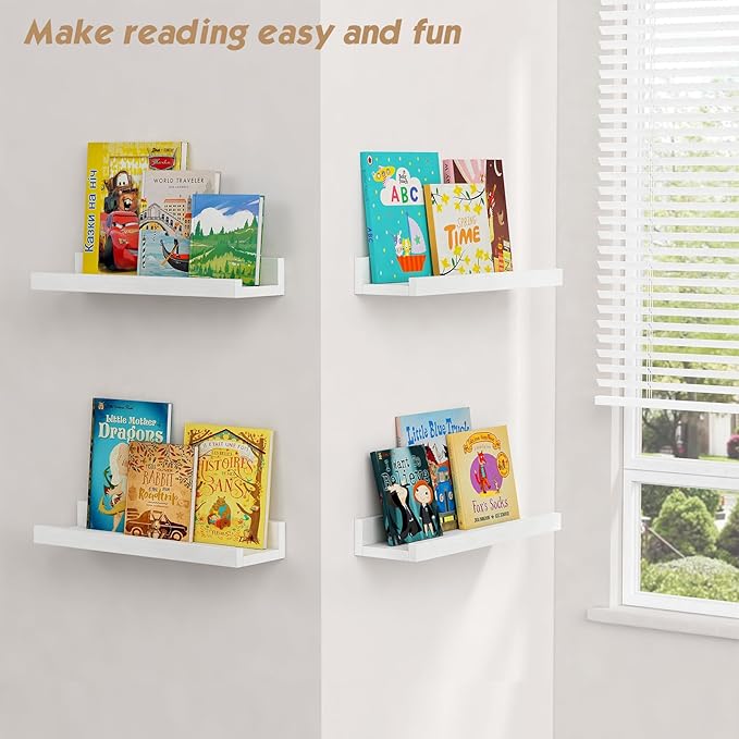 Forbena White Picture Ledge Shelf, Floating Shelves with Lip for Bedroom Books, Corner Nursery Book Shelves Wall Mounted for Small Spaces Office Baby Child Kids Room Art Decor (4-Pack, Real Wood)