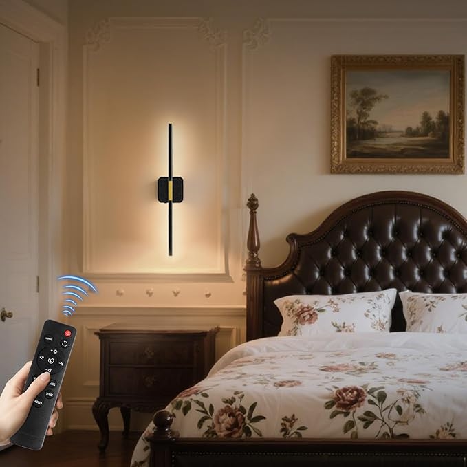 Battery Operated Wall Sconces Set of 2, Detachable 360°Rotate Wall Lamps, 3000-6500K Dimmable with Remote Control, 10000mAh Rechargeable Wall Light for Bedroom, Living Room, 28.3" Black Gold