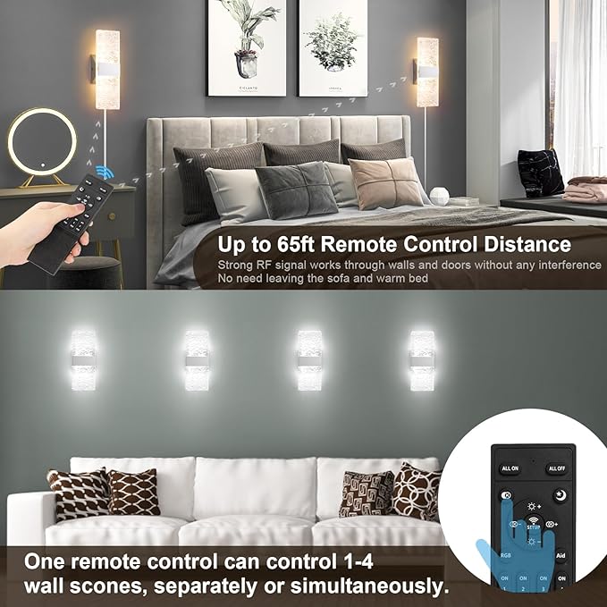 Plug in Wall Sconces with Adjustable 3000K-6500K Colors & 10%-100% Brightness, Sconces Wall Decor Set of 2 with Remote Control, 12W Acrylic LED Plug in Wall Light (1 Pack, Corrugated Finish)