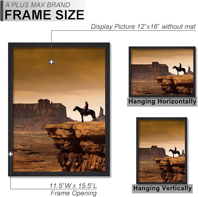 A PLUS MAX 12x16 Picture Frame Set of 3, Black Engineered Wood Frame for 12 x 16 Inch Picture Poster Photo, Light Weight 12 by 16 Frame with Wood-grain for Wall - 3 Pack/Black/12 x16