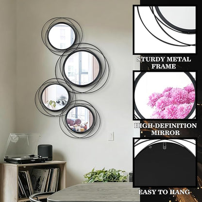 4 Set Mixed Size Black Circle Mirrors Wall Decor Iron Frame Wall Art Round Mirror Home Decor Hanging for Living Room/Bedroom/Bathroom/Entryway