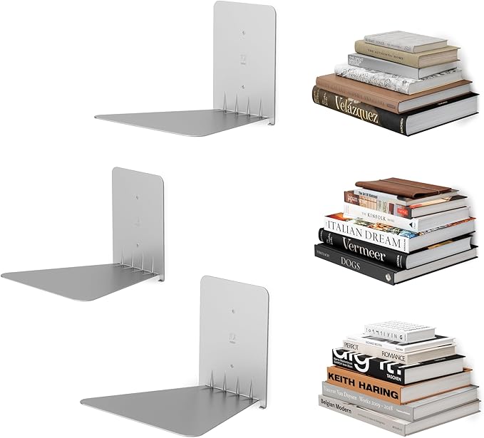 Umbra Conceal, Sturdy Metal Floating Bookshelf for Wall, Silver, Large, Set of 3