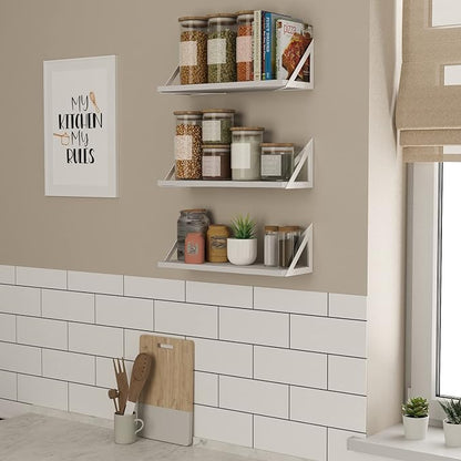 Wallniture Minori Washed White Floating Shelves for Wall Storage, Bathroom Shelves Over The Toilet Storage, Wood Wall Shelf Set of 3 with White Brackets