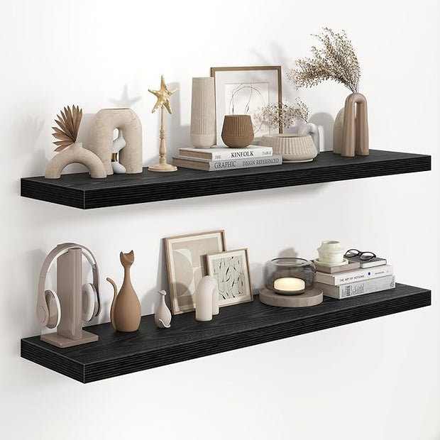 Fun Memories 48 Inch Floating Shelves in Black, 9.3 Inch Deep Wall Shelves for Bathroom, Living Room, Bedroom, Kitchen, Deep Long Shelf Wall Mounted 2 Pack Shelf for Books, Decor