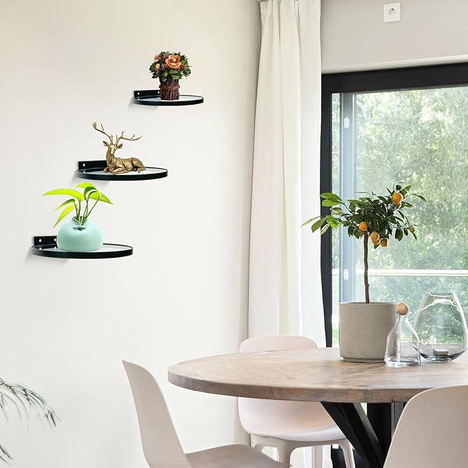 ZEXUIRU 3 Set Glass Decorative Floating Shelves Metal Frame Display Shelf Wall Decor for Home Office Mixed Size