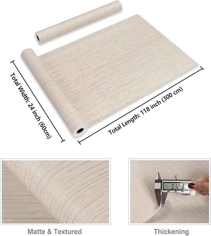 CRE8TIVE Wide 24"x118" Cream White Grasscloth Wallpaper Textured Wallpaper Stick and Peel Fabric Linen Contact Paper for Walls Removable Self Adhesive Faux Grass Cloth Wall Paper for Bathroom Bedroom
