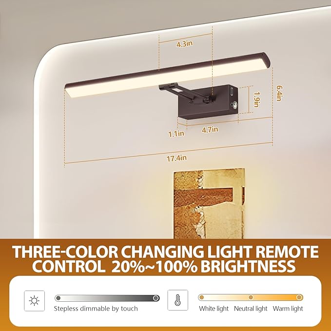 Picture Light,17.5" Picture Frame Light,Art Light, Picture Light Battery Operated,3CCT Picture Lights for Wall,Wireless Picture Lights with Remote for Wall Display, Photo,Library (Bronze)