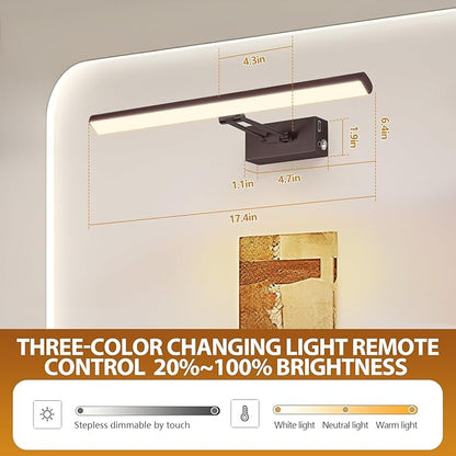 Picture Light,17.5" Picture Frame Light,Art Light, Picture Light Battery Operated,3CCT Picture Lights for Wall,Wireless Picture Lights with Remote for Wall Display, Photo,Library (Bronze)