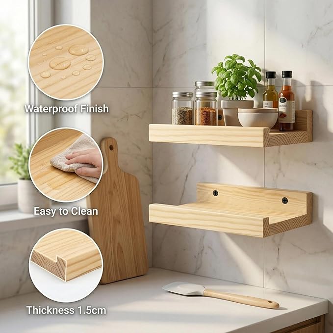 Z metnal Small Decor Shelves, Mini Floating Wooden Display Wall Shelf for Smart Speaker WiFi Collectables, Sauna Shelves, Wood, Wall Mounted, 8 x 5.5 inch, 2 Pack