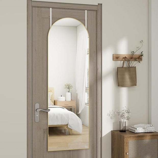 Arched Full Length Door Mirror 14x48, Metal Frame with Protective Film, No-Drilling Hanging or Wall Mount, Hooks & Hardware Included, Full Body Mirror for Bedroom, Dorm, Gold