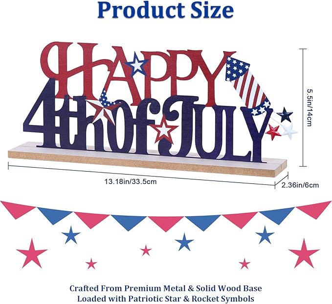 MEETYAMOR 4th of July Decorations, Metal Happy Fourth of July with Wooden Base, Patriotic Independence Day Decor for the Home, Memorial Day, Tiered Tray, Shelf, Table, Mantel