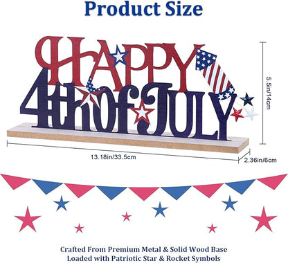 MEETYAMOR 4th of July Decorations, Metal Happy Fourth of July with Wooden Base, Patriotic Independence Day Decor for the Home, Memorial Day, Tiered Tray, Shelf, Table, Mantel
