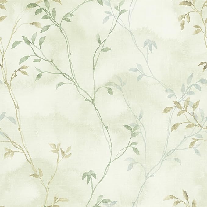 VaryStyle 17.7"x393" Vintage Leaf Branches Wallpaper Light Green/Yellow Foggy Tree Twigs Forest Peel and Stick Wallpaper for Kitchen Removable Waterproof Sticky Retro Contact Paper for Drawers Shelves