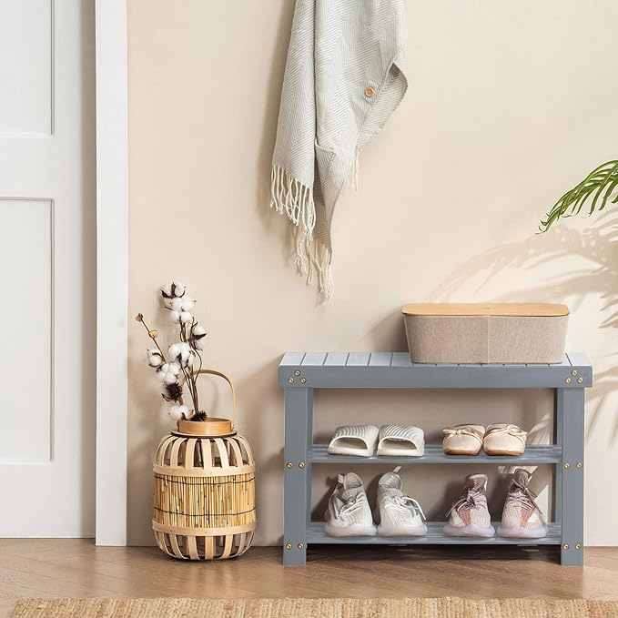 Apicizon Bamboo Shoe Storage Bench for Living Room, Entryway Storage Premium Shoe Organizer or Entryway Bench, Grey